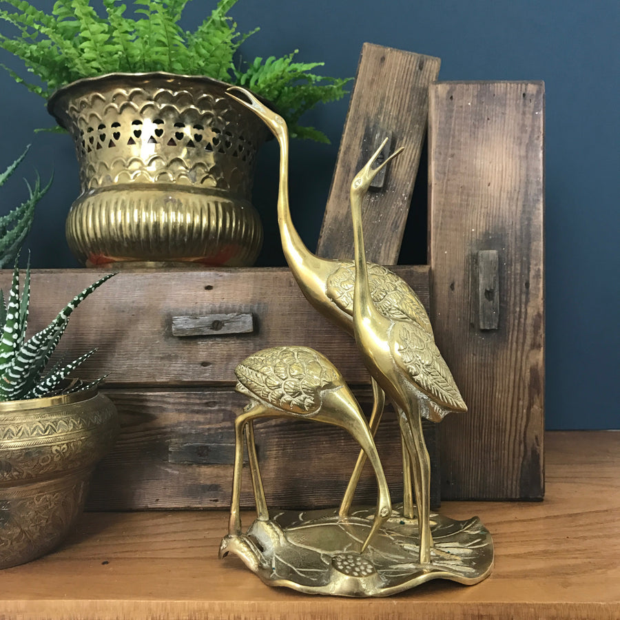 Mid Century 'Family of Brass Cranes on a Lily Pad'