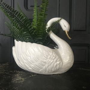 Mid Century Ceramic Swan Planter in White
