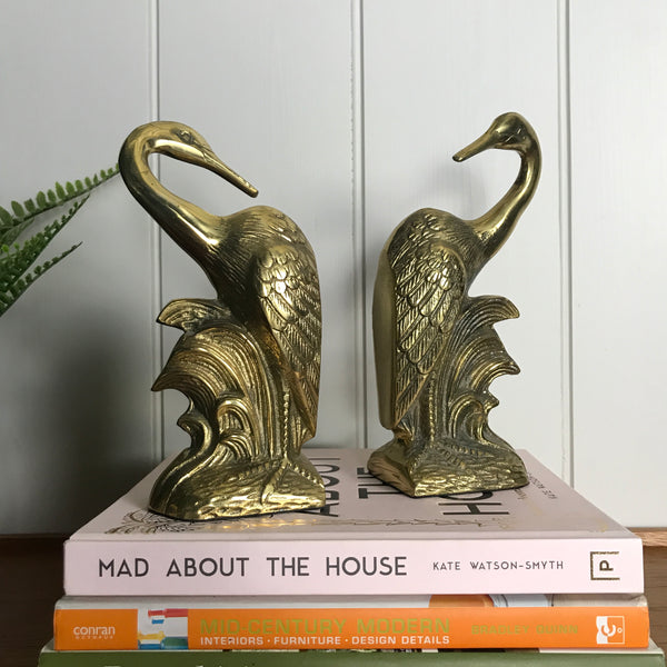 Mid Century Brass Crane Bookends