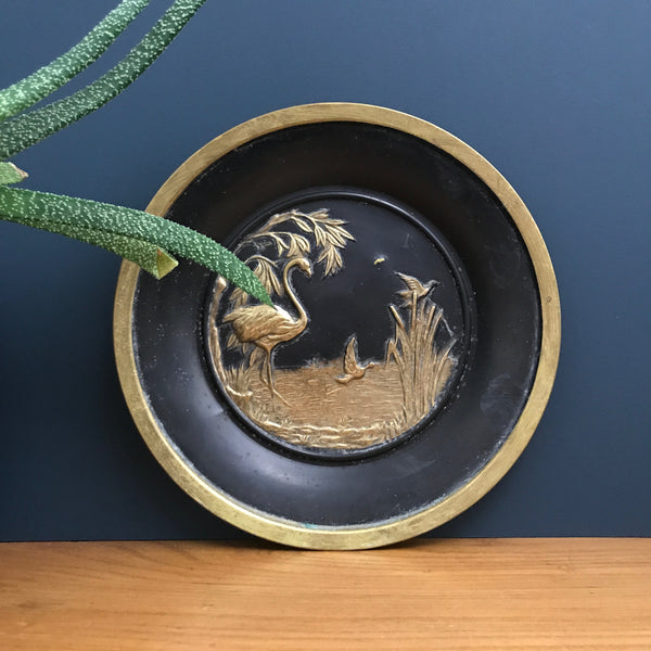 Vintage 'Flamingo' Black & Brass Plate/Wall Plaque