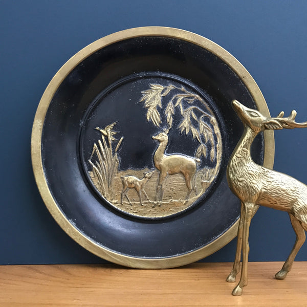 Vintage 'Deer' Black & Brass Plate/Wall Plaque