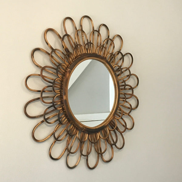 French Vintage Round Wicker/Rattan Mirror