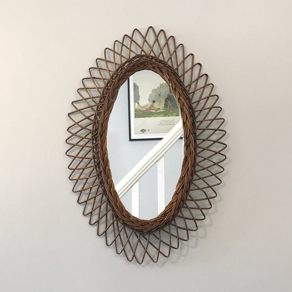 Large French Vintage Oval Wicker/Rattan Mirror
