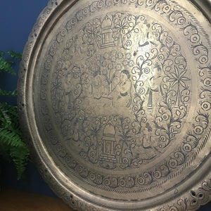 LARGE Vintage Brass Asian Engraved Tray