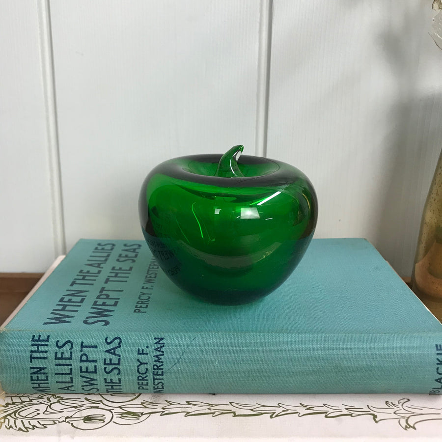 Mid Century Green Glass Apple Paperweight/Ornament