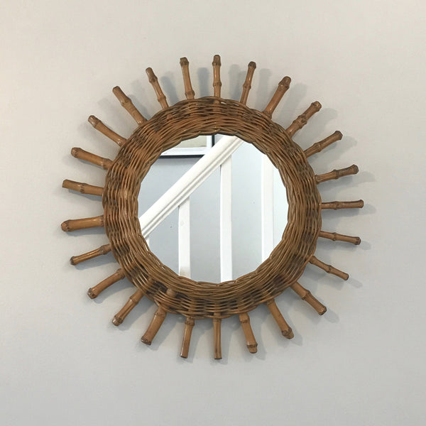 French Vintage Bamboo & Rattan Starburst Mirror