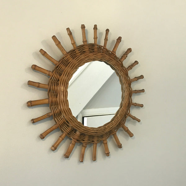 French Vintage Bamboo & Rattan Starburst Mirror