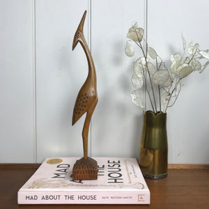 Mid Century Wooden Carved Crane - TALL