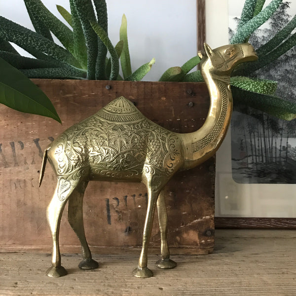 Mid Century Brass Camel - palm tree detail
