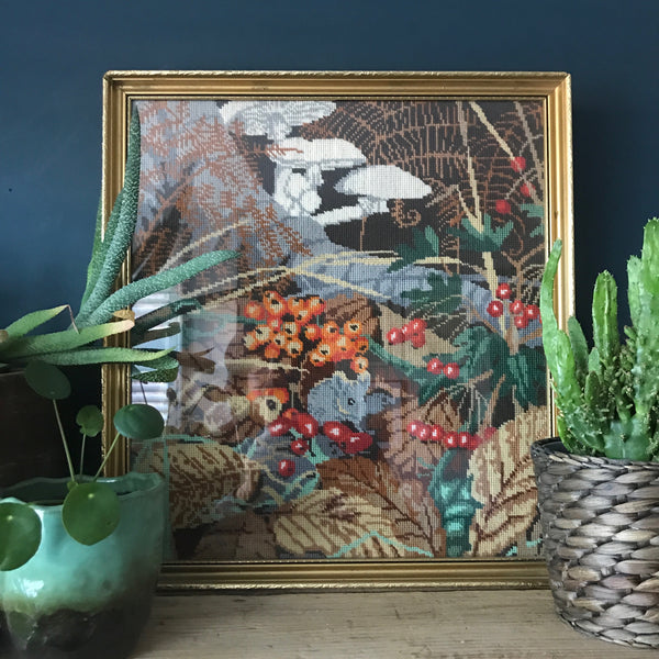 Mid Century Woodland Framed Needlework