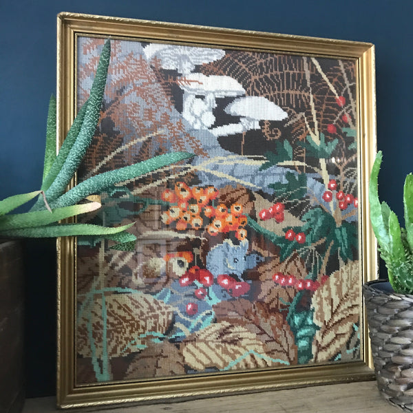 Mid Century Woodland Framed Needlework
