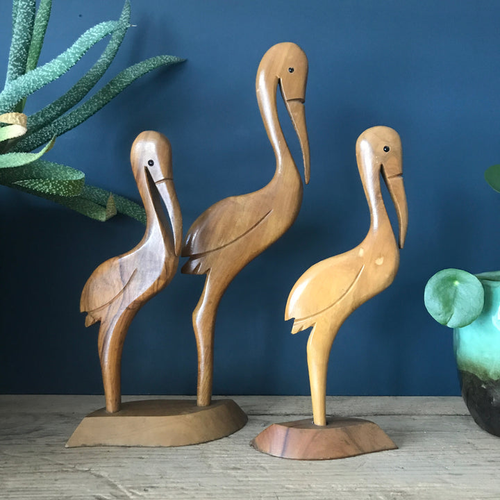 Trio of Mid Century Wooden Carved Flamingos