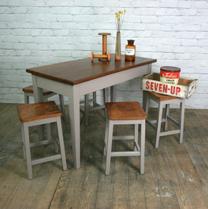 Vintage painted school laboratory table & 6 stools