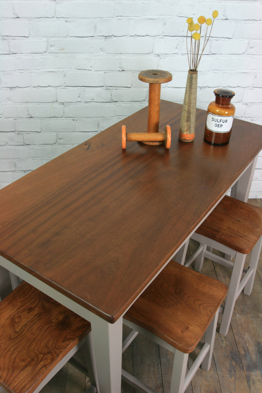Vintage painted school laboratory table & 6 stools