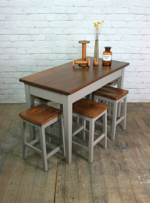 Vintage painted school laboratory table & 6 stools
