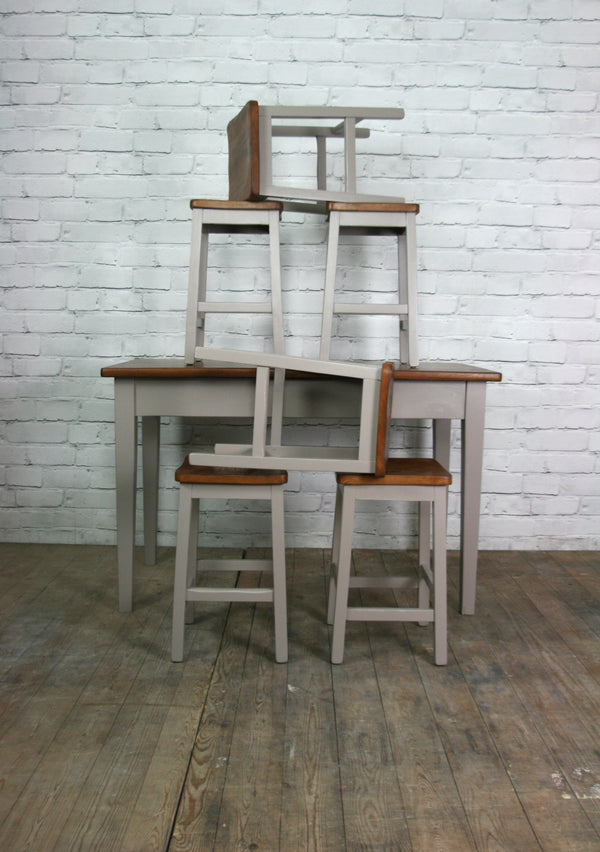 Vintage painted school laboratory table & 6 stools