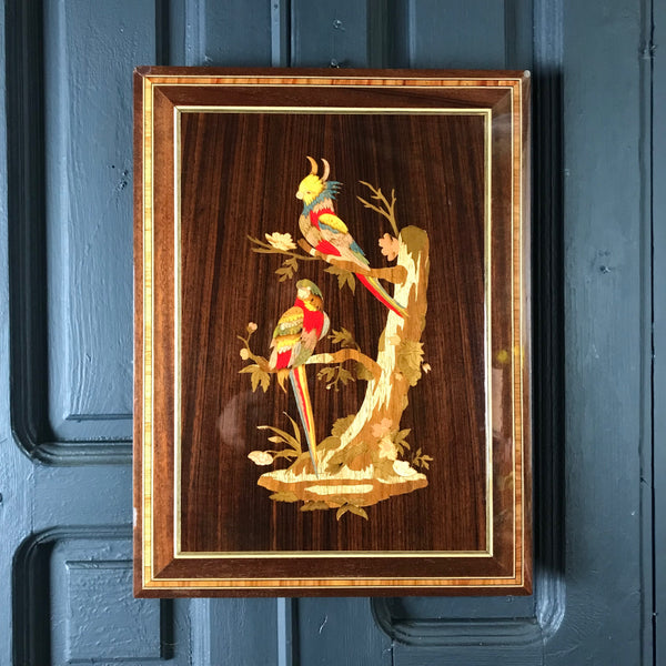 Vintage Marquetry 'Parrots' Picture