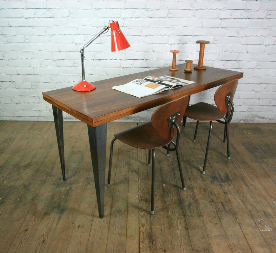 Large foundry steel leg vintage iroko industrial desk/table 1