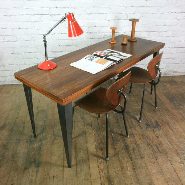 Large foundry steel leg vintage iroko industrial desk/table 1