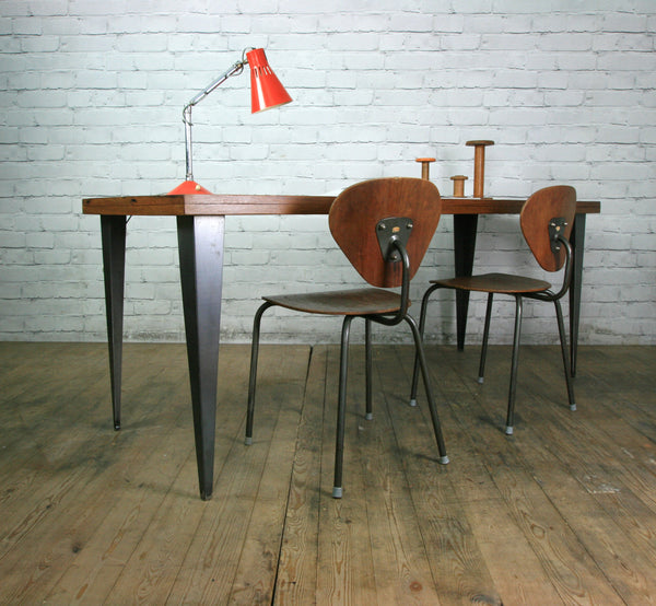 Large foundry steel leg vintage iroko industrial desk/table
