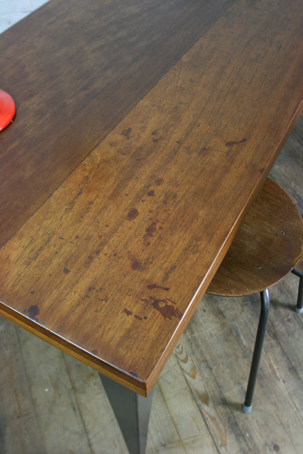 Large foundry steel leg vintage iroko industrial desk/table