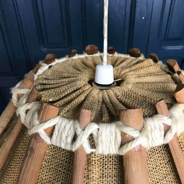 Mid Century Tiki Wood & Hessian Lampshade