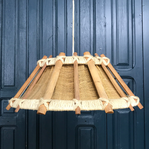 Mid Century Tiki Wood & Hessian Lampshade