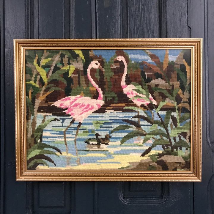 Vintage Flamingo Needlework / Wall Art