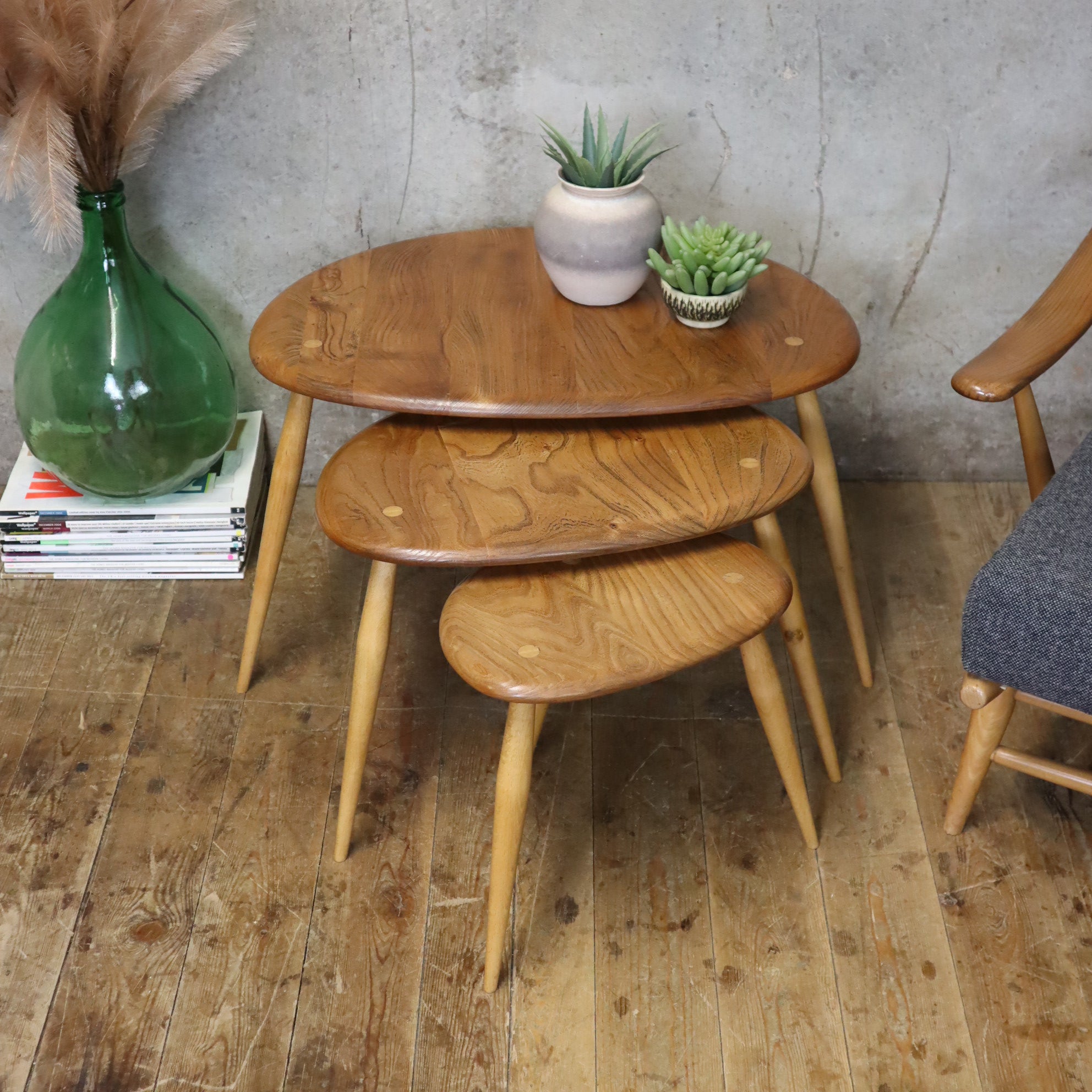 Ercol Elm & Beech Pebble Nest of Tables - 0707f – Mustard Vintage