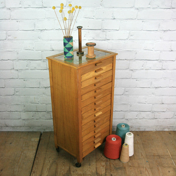 Vintage oak habedashery shop cotton chest of drawers