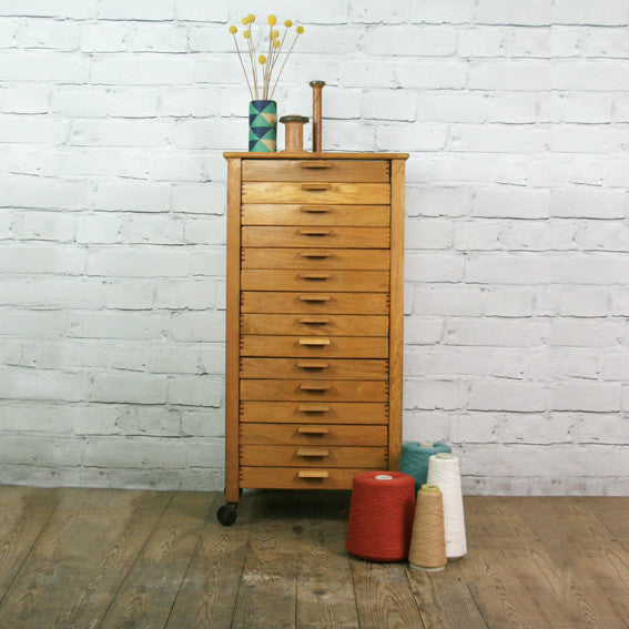 Vintage oak habedashery shop cotton chest of drawers