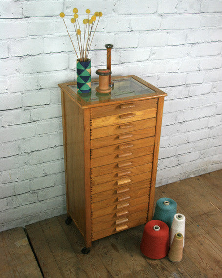 Vintage oak habedashery shop cotton chest of drawers