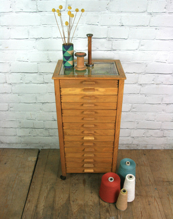 Vintage oak habedashery shop cotton chest of drawers