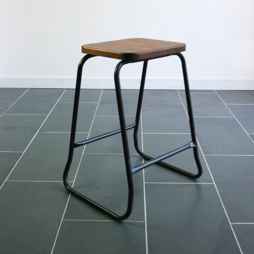 Set of 4 Reclaimed Iroko School Lab Stacking Stools – Mustard Vintage