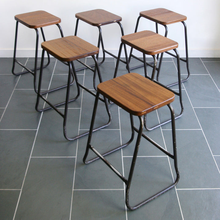 Set of 4 Reclaimed Iroko School Lab Stacking Stools