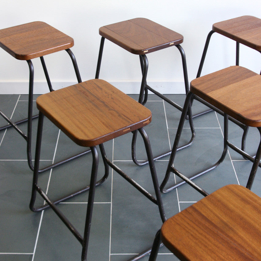 Set of 4 Reclaimed Iroko School Lab Stacking Stools – Mustard Vintage