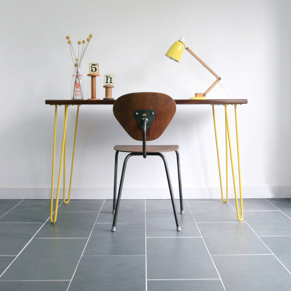 Hairpin Iroko Desk / Table in YELLOW
