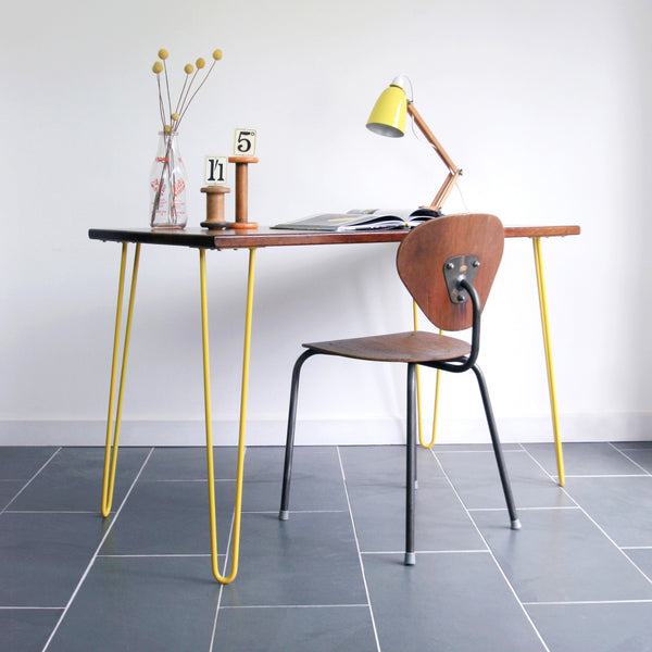 Hairpin Iroko Desk / Table in YELLOW