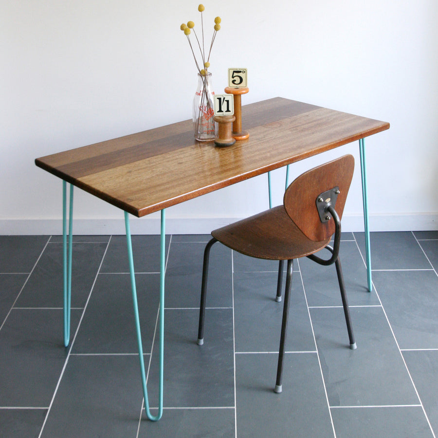 'The Hairpin' Iroko Desk/Table in POWDER BLUE (other colours available)