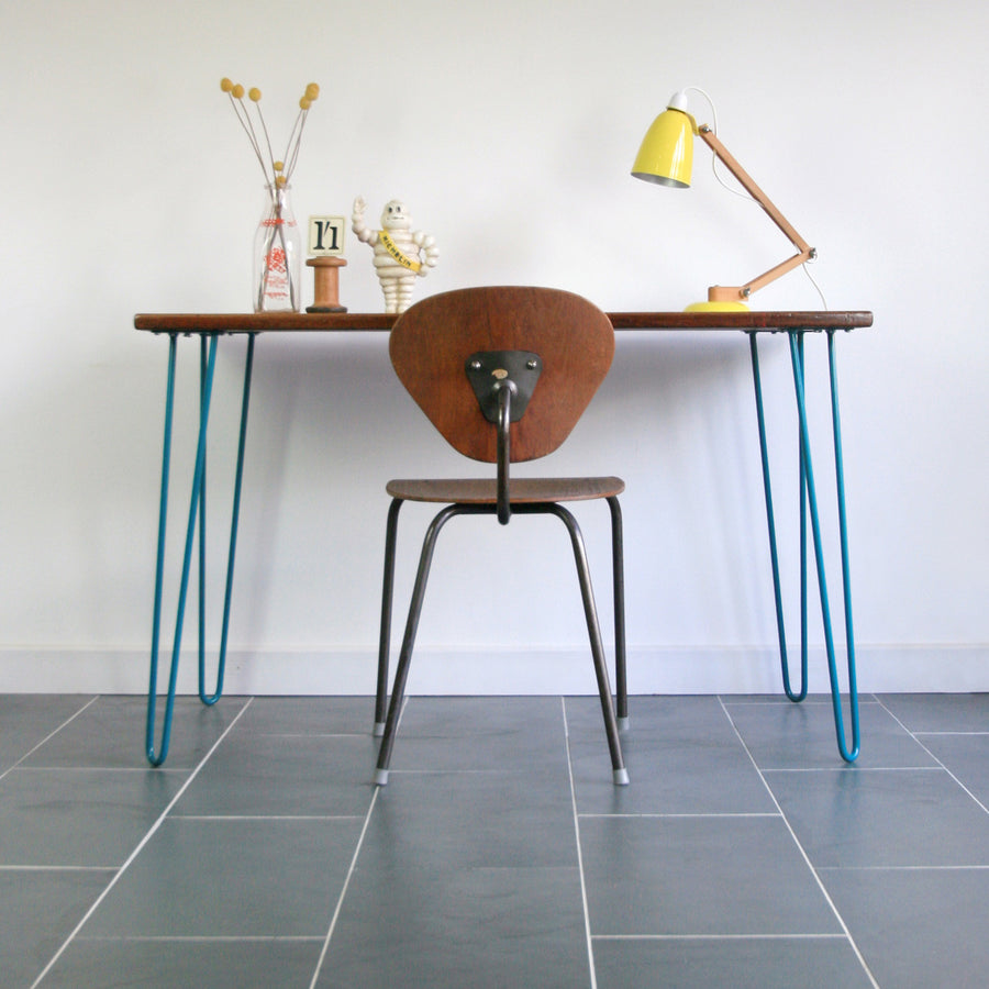 'The Hairpin' Iroko Desk/Table in AQUA BLUE (other colours available)