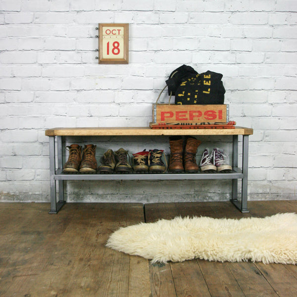 *Bespoke listing for Becky* 1 x Rustic Industrial Shoe Bench in Oak Wax Finish and 1 x Mind The Gap vintage stool