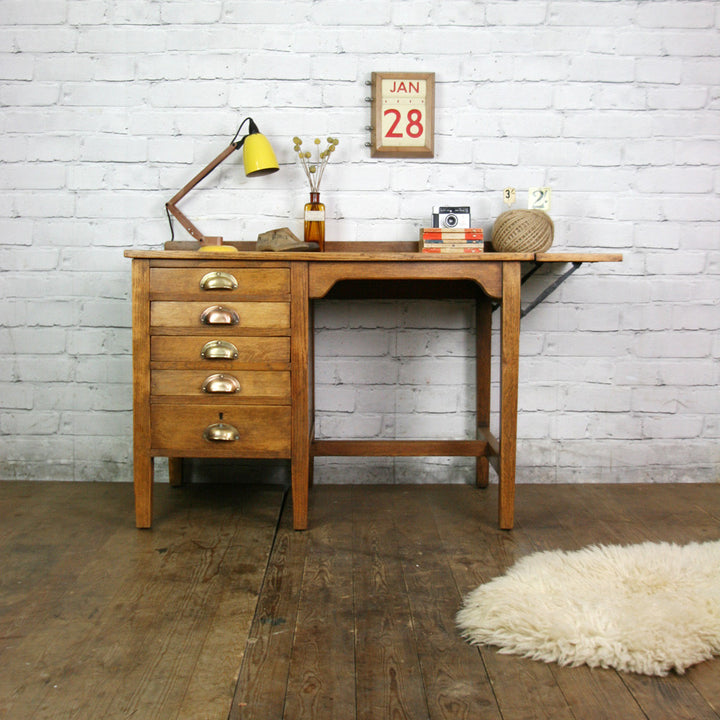 Edwardian ERVIII Vintage Oak Drop Leaf Desk (2 of 2)
