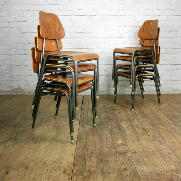 A Set of Eight (8) Vintage Industrial Danish Teak School Stacking Chairs