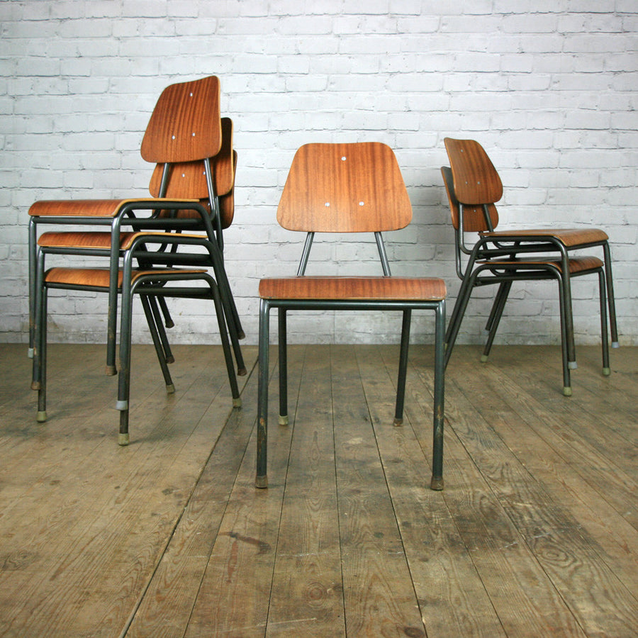 A Set of Six (6) Vintage Industrial Danish Teak School Stacking Chairs