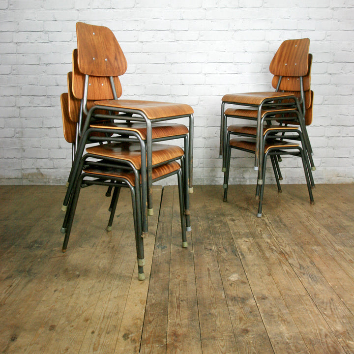 A Set of Eight (8) Vintage Industrial Danish Teak School Stacking Chairs
