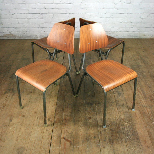 A Set of Eight (8) Vintage Industrial Danish Teak School Stacking Chairs