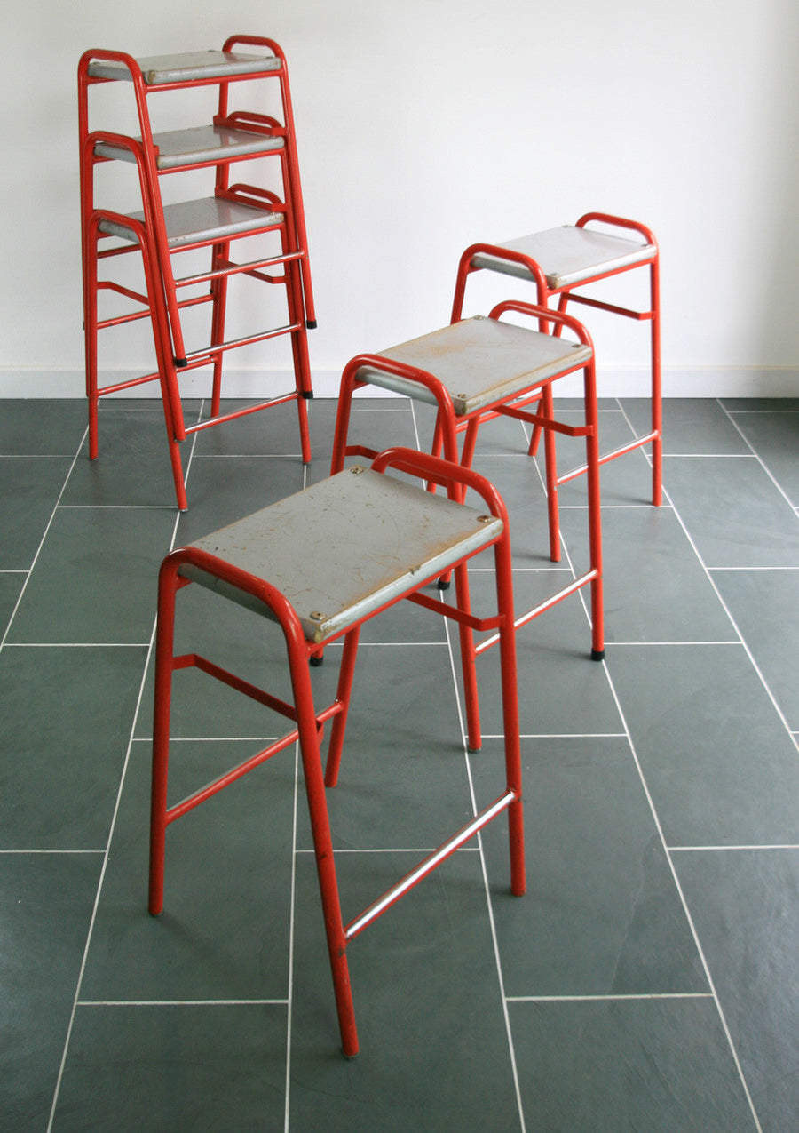2 x Red Vintage School Laboratory Stacking Stools