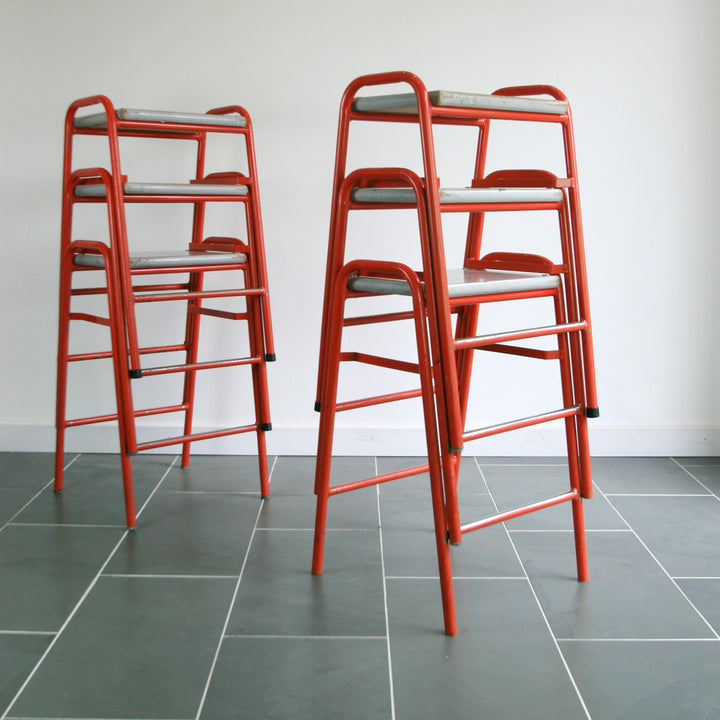 Set of 8 Red Vintage School Laboratory Stacking Stools