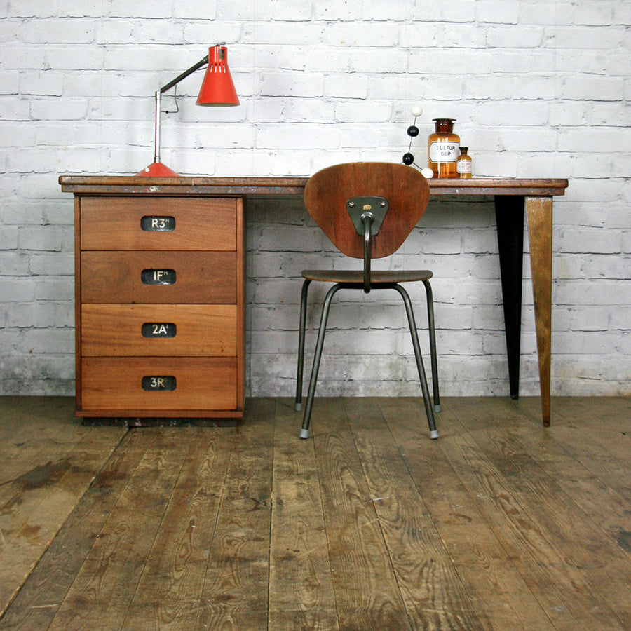 Vintage Industrial Reclaimed Iroko School Desk #2