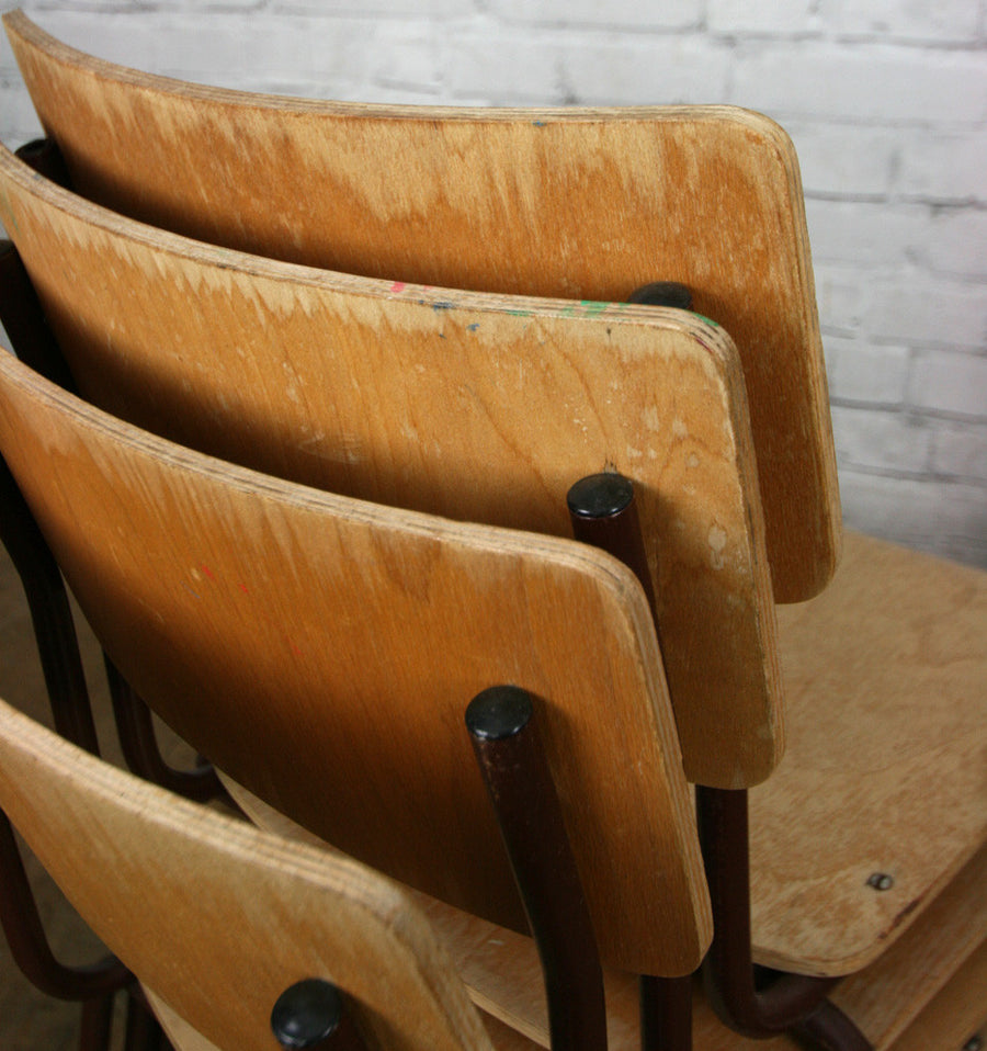 Vintage Industrial School Stacking Chairs - Burgundy & Beech